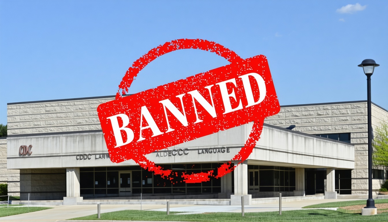 A CDC building with a red banned stamp over it,