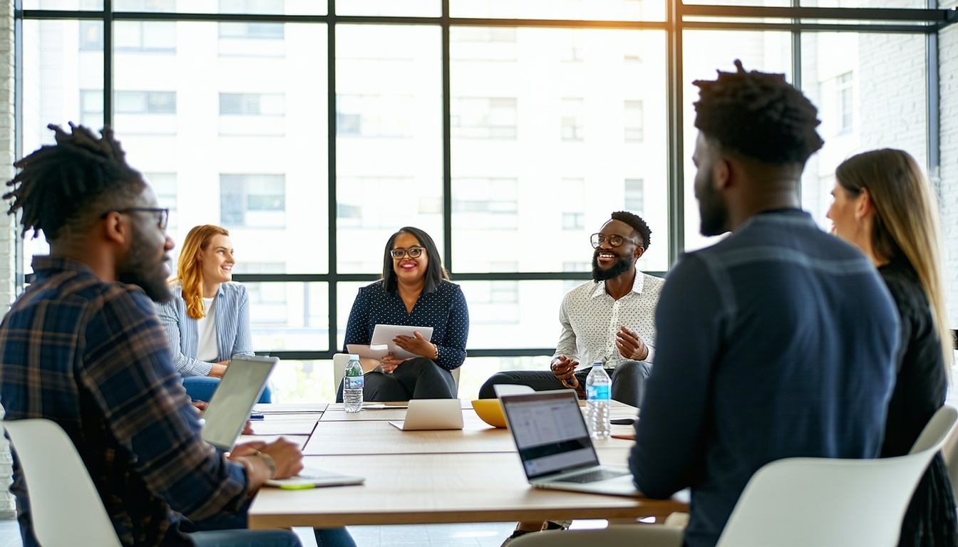 A diverse group of professionals in a meeting room
